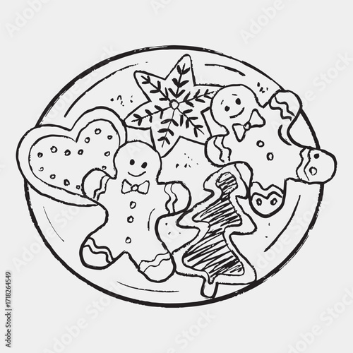 Hand drawn plate with gingerbread cookies. Vector sketch illustration in vintage crayon style. Gingerbread man, heart, a star with snowflake, and a Christmas tree cookie