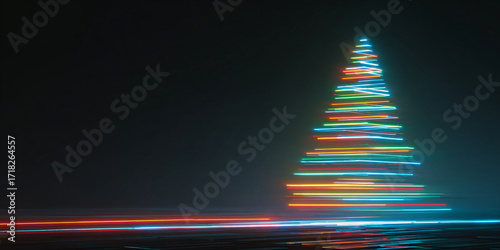 Futuristic neon Christmas tree made of glowing lines on a dark background. Abstract digital style. Unusual New Year's tree.