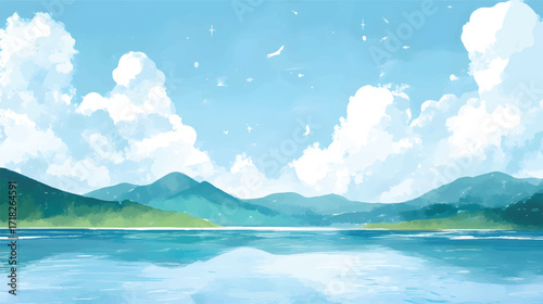 Serene lake landscape with mountains and blue sky