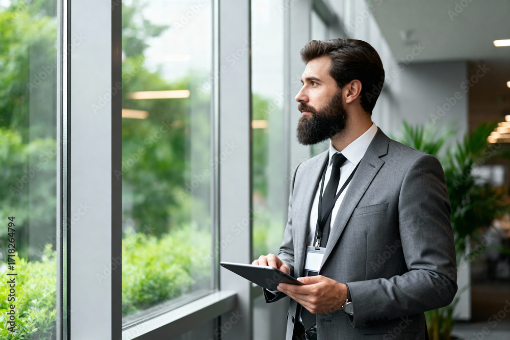 Fototapeta premium Bearded businessman looking out modern office window