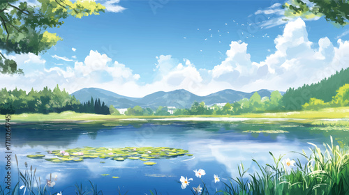 Serene lake landscape with mountains and blue sky