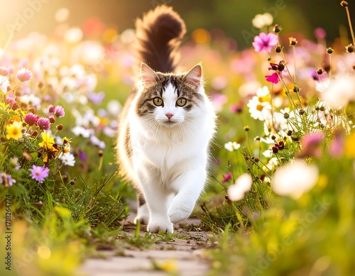 A cat walks through a vibrant flower field
