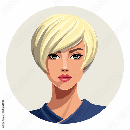 Portret kobiety z krótkimi, blond włosami. Ikona symbolizująca piękno, modę i styl.