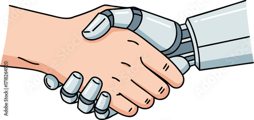 A handshake between a human and a robot. A symbol of a deal, partnership, and alliance between humanity and artificial intelligence. A concept of the future, automation, and technological progress.