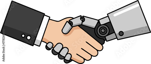 A handshake between a human and a robot. A symbol of a deal, partnership, and alliance between humanity and artificial intelligence. A concept of the future, automation, and technological progress.
