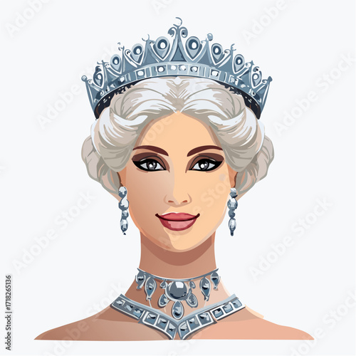 Portret królowej w koronie i diamentowej biżuterii. Koncepcja luksusu, elegancji i władzy.
