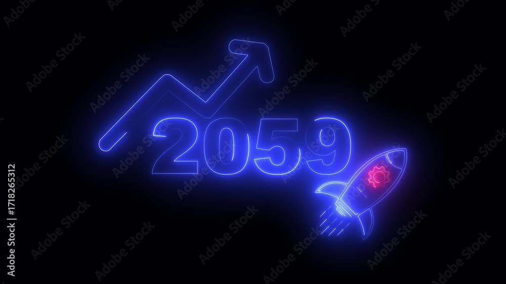custom made wallpaper toronto digitalBlue neon 2059 year with upward arrow graph and rocket ship icon on black background new year