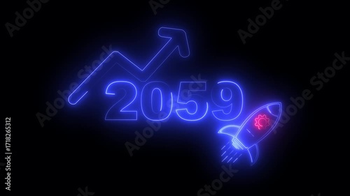 Wallpaper Mural Blue neon 2059 year with upward arrow graph and rocket ship icon on black background new year Torontodigital.ca