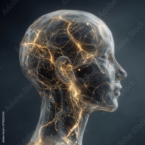 Transparent Head with Glowing Neural Network, Brain Concept.
