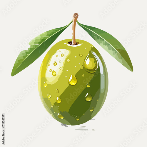 Akwarelowa ilustracja zielonej oliwki z kroplami oliwy. Koncepcja kuchni śródziemnomorskiej i zdrowego odżywiania.