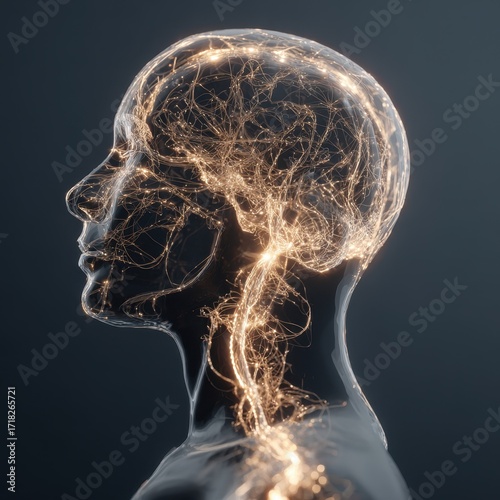 Transparent Human Head with Glowing Neural Network on Dark Background