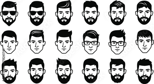 Male avatar grid, diverse hairstyles, beard styles, glasses, sunglasses, black and white illustration, character design, facial variation, bold lines, stylized faces