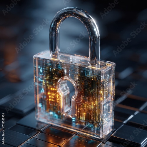 Transparent Padlock with Circuitry Interior on Dark Tiled Surface, Security Concept
