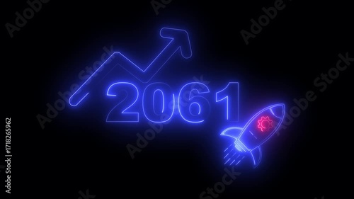 Wallpaper Mural Blue neon 2061 year with upward arrow graph and rocket ship icon on black background new year Torontodigital.ca