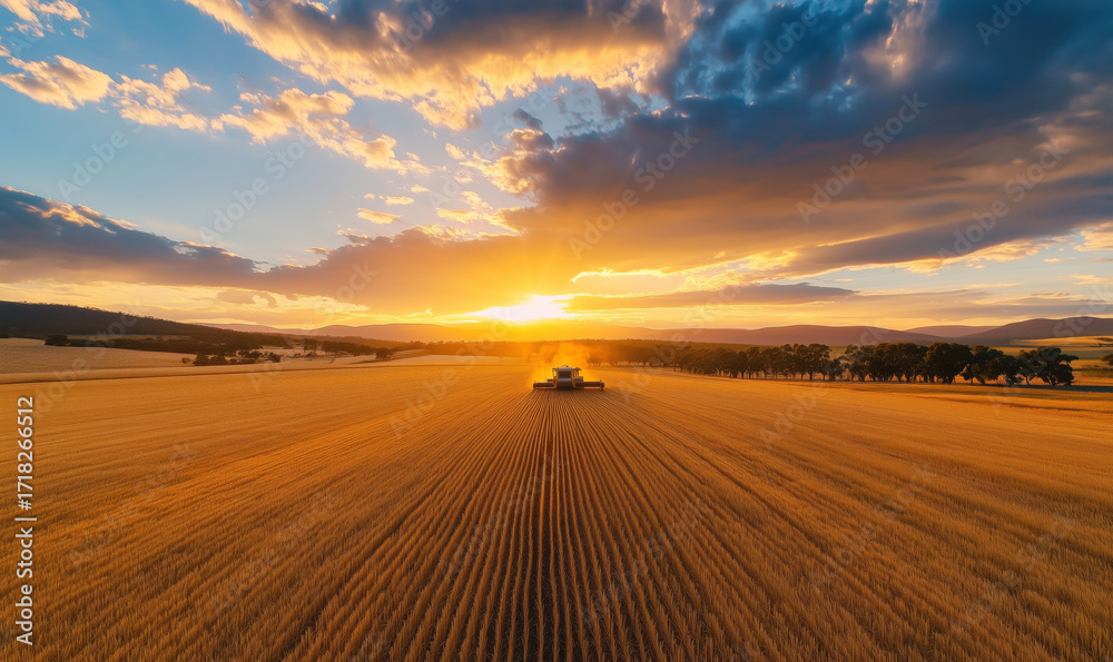 Obraz premium Golden wheat field at sunset with combine harvester working in the distance, for template design