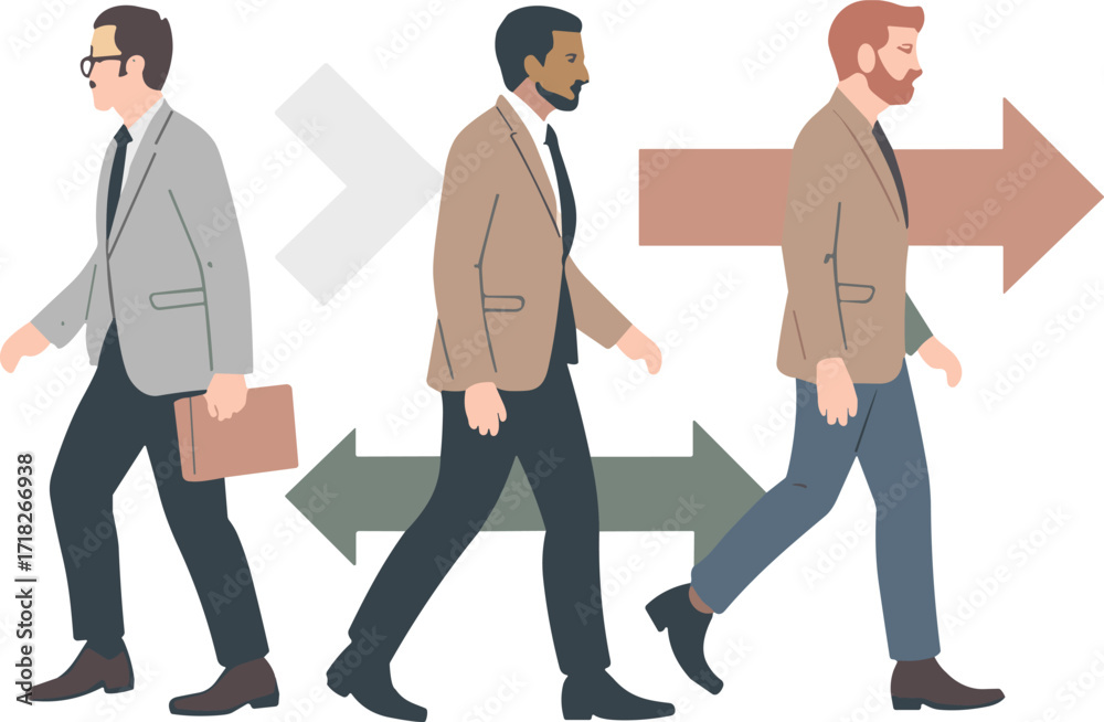 Fototapeta premium Businessmen walking in different directions, career choice concept, decision-making metaphor, arrows showing path, corporate lifestyle, professional movement, urban background
