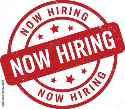 A bold red stamp announces 'Now Hiring', signaling job openings. Ideal for recruitment campaigns, it conveys opportunity and invites applications. Apply now, don't miss out!