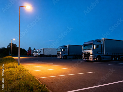 Trucks parked at highway rest stop under twilight sky