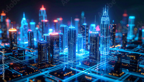 Wallpaper Mural City of Tomorrow: A mesmerizing digital rendering of a futuristic cityscape, illuminated by vibrant neon lights and interwoven with a network of digital pathways. Torontodigital.ca