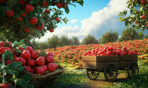 Vibrant apple orchard with ripe red apples and wooden cart under blue sky, for template design
