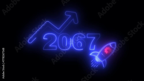 Wallpaper Mural Blue neon 2067 year with upward arrow graph and rocket ship icon on black background new year Torontodigital.ca