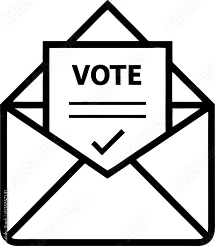 Envelope with vote mail-in symbol, vector line art icon ,black and white , white background