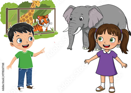 Cartoon children at zoo, giraffe tiger elephant, animal enclosure, educational illustration, playful kids, outdoor visit, colorful drawing, wildlife scene