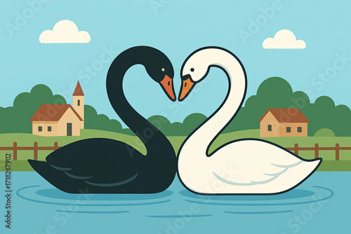 A black and a white swan form a love heart on the lake in a village