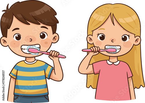 Cartoon children brushing teeth, dental hygiene illustration, kids oral care, morning routine, healthy habits, toothpaste foam, toothbrush, smiling faces, bathroom scene