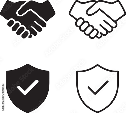 Isolated trust icons, solid handshake, line handshake, filled shield, thin stroke shield, editable black vector, business agreement, partnership deal, security design