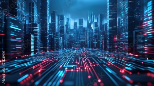 Futuristic Cityscape with Neon Lights and Digital Circuit Patterns