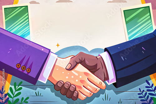 Businessman handshake vector illustration symbolizing teamwork, partnership, merger, and acquisition. Perfect for corporate success, collaboration, business growth, and professional agreement concepts
