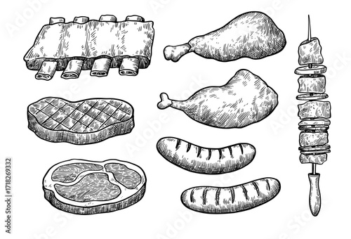 Barbecue set, monochrome vector illustration in sketch style. Grilled meat, chicken, ribs, steak and sausage