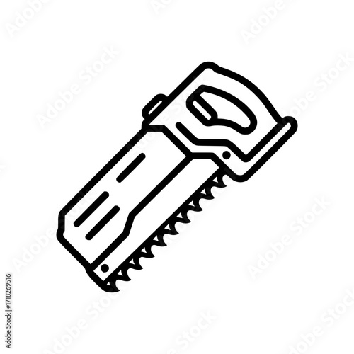 A hand saw is depicted with a focus on its sharp teeth. The saw is isolated, creating a clean, minimalist feel, highlighting its purpose and form