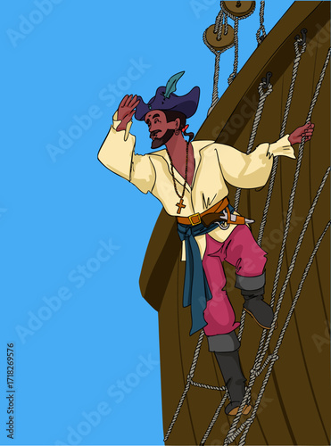 Pirate on the ship. Isolated illustration. Vector illustration.