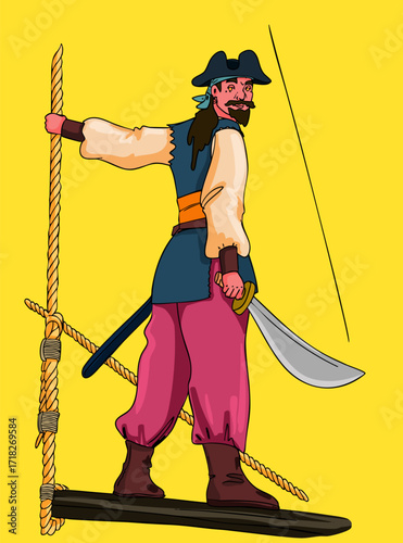 Pirate on the ship. Isolated illustration. Vector illustration.