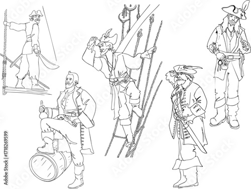 Set of pirates characters. Black and white illustration. Vector illustration.