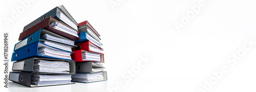 stack of black file folders full of documents against white background, space for your text