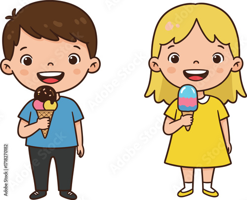 Cartoon children eating ice cream, summer fun, happy kids illustration, colorful dessert, joyful moment, childhood memories, cute characters, playful scene