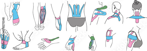 Set of illustrations of a kinesiology tape on different parts of the body. Vector illustration.