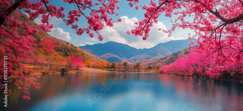 Vibrant Cherry Blossom Trees Framing Serene Lake with Majestic Mountains in Background, copy space for text, high resolution photo