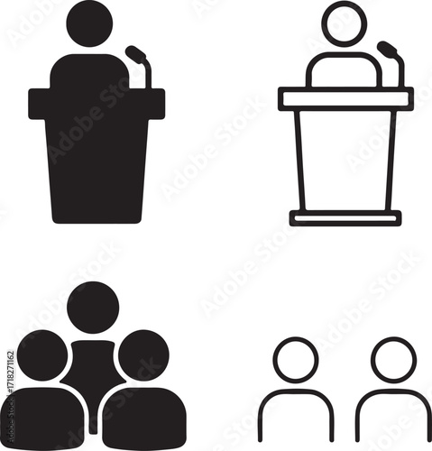 Isolated conference icons, solid podium, line podium, filled audience, thin stroke audience, editable black vector, business event, seminar presentation, public speaking design
