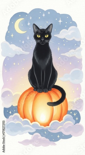 Black Cat on Glowing Pumpkin