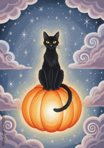 Black Cat on Glowing Pumpkin