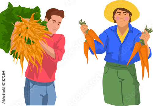 Two farmers are standing with carrots. Vector illustration.