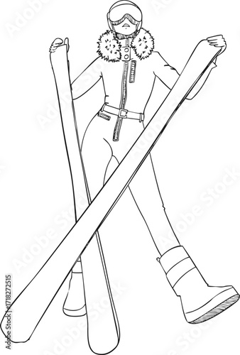 A woman in skiing gear is standing on a slope. Vector illustration.