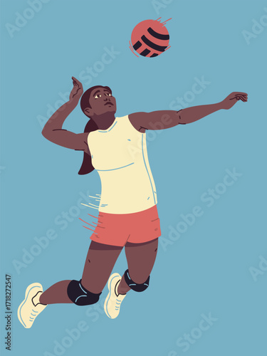 A female volleyball player is preparing to hit the ball while jumping. Vector illustration.