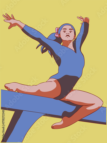 A female gymnast is performing an exercise on a balance beam. Vector illustration.