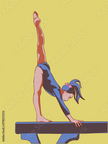 A female gymnast is performing an exercise on a balance beam. Vector illustration.