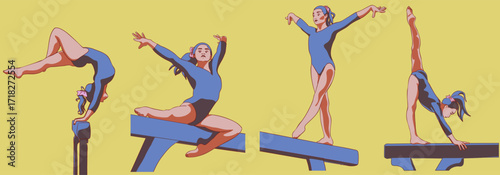 Set of illustrations of a female gymnast are performing an exercise on a balance beam. Vector illustration.